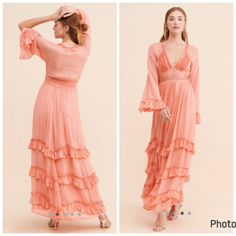 Free People Seraphina Maxi Dress‎ Pink Coral Ruffle Tiered Small